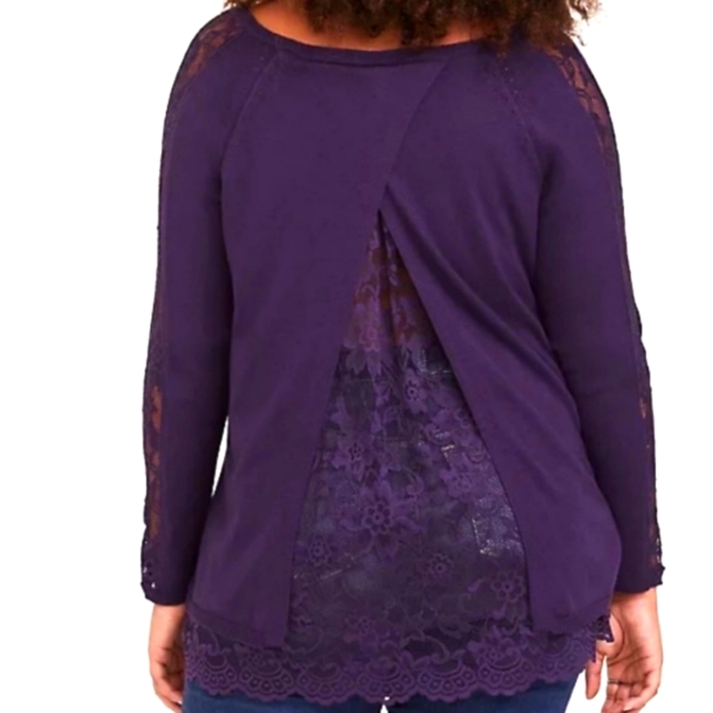 Torrid Size 2 Pullover Lace Insert Split Back Sweater~ Plum Purple Plus Size